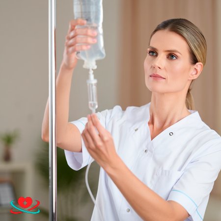 Капельница Медсестра поправляет капельницу